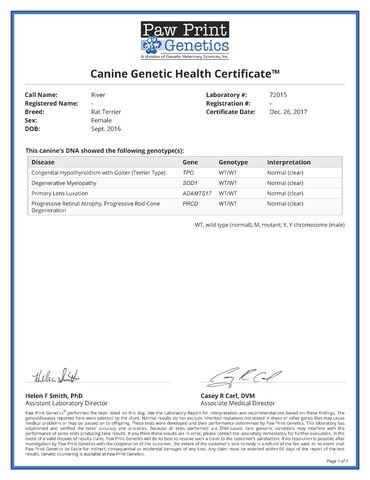 River Genetic Health Certificate